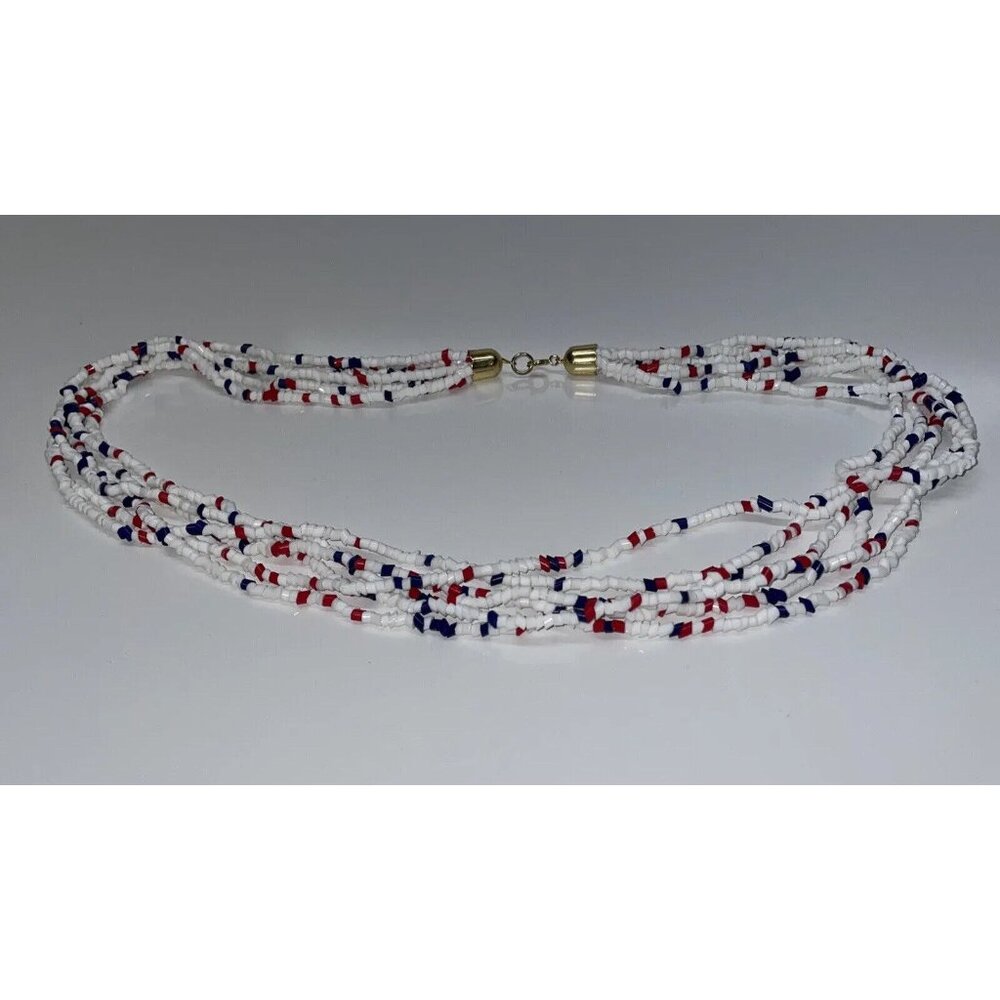 Vintage Red White & Blue Beaded Necklace 6 Strand 25” Long Statement Patriotic - Picture 7 of 10